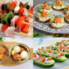 Kolorowe przystawki na imprezę domową: szaszłyki caprese, kanapeczki z łososiem, marynowane serki i łódeczki z ogórka.