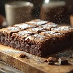Pyszny brownie Ani gotuje się w kuchni. Czekoladowe ciasto posypane cukrem pudrem, obok jajka i kawałki czekolady.