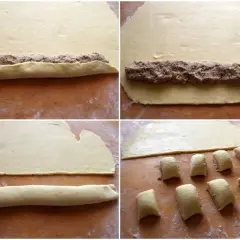Przygotowanie pasztecików z mięsem: ciasto z farszem zwijane w rolady, a następnie krojone na porcje.