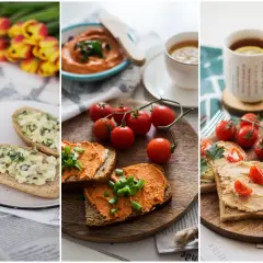Kolorowe kanapki z pastą na kanapki, pomidorkami i herbatą. Pyszne śniadanie.