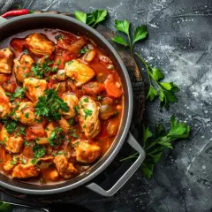 Pyszny gulasz z kurczaka w sosie pomidorowym z warzywami, posypany natką pietruszki. Idealny, dobry szybki obiad na niedzielę.