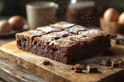 Pyszny brownie Ani gotuje się w kuchni. Czekoladowe ciasto posypane cukrem pudrem, obok jajka i kawałki czekolady.