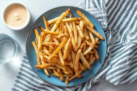 Złociste, chrupiące frytki z airfryer na niebieskim talerzu, obok sosu i szklanki wody. Idealna przekąska!