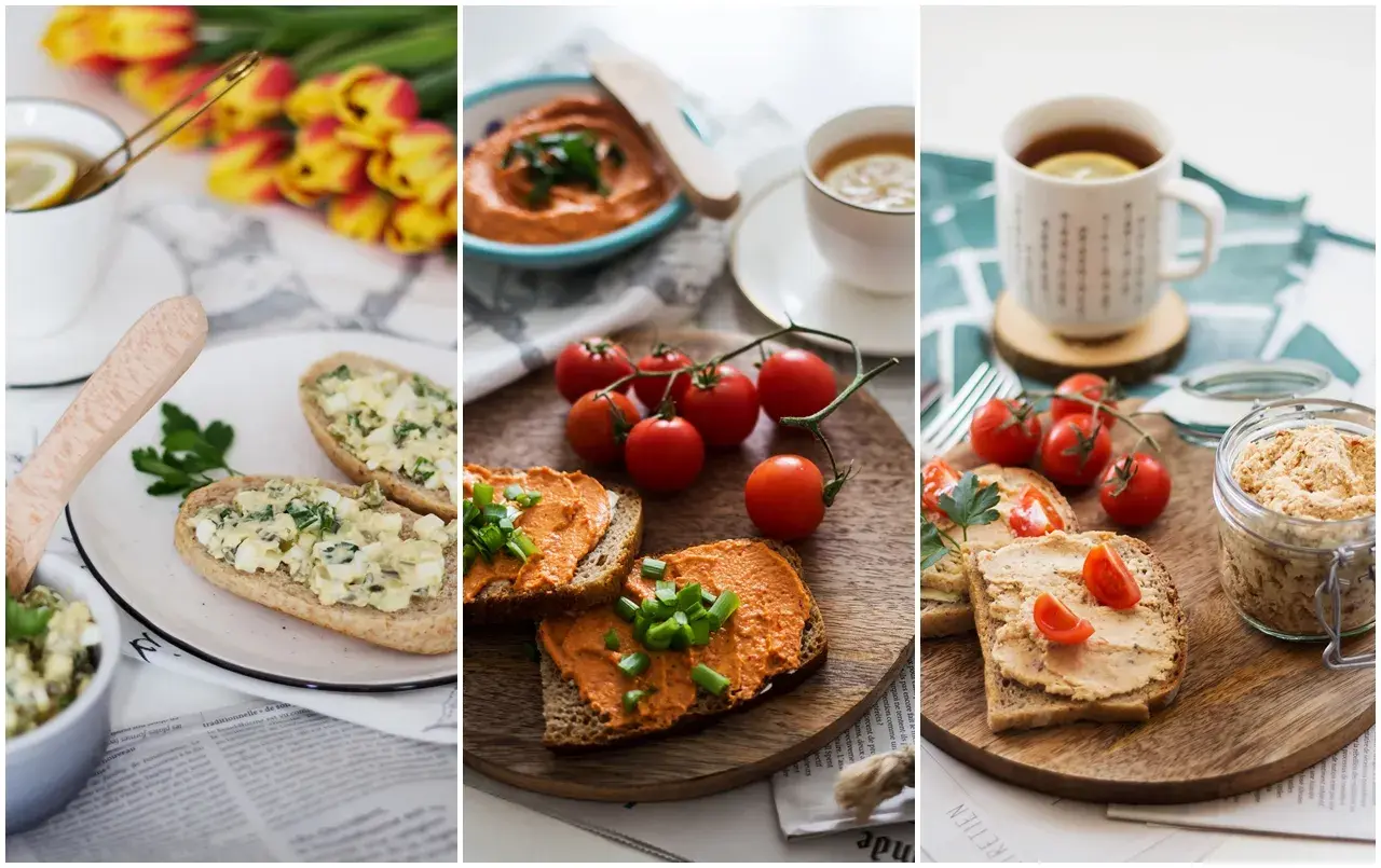 Kolorowe kanapki z pastą na kanapki, pomidorkami i herbatą. Pyszne śniadanie.
