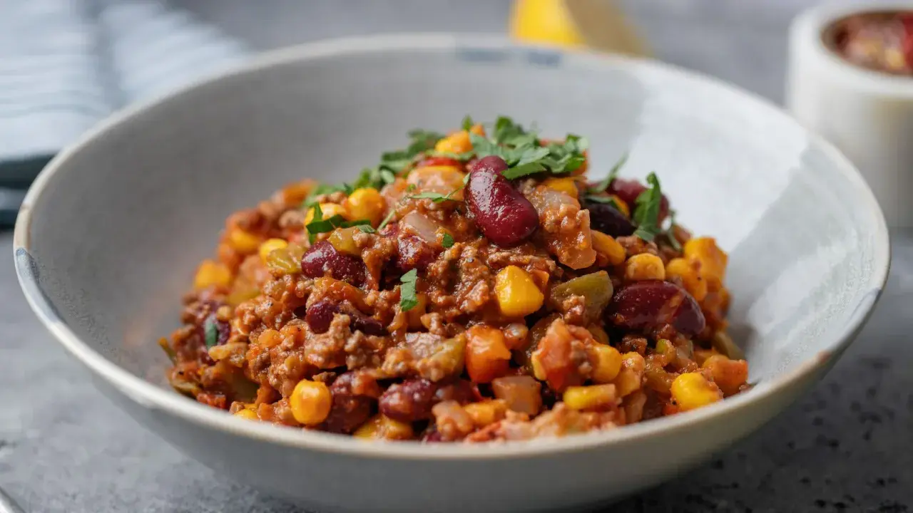 A miseczce znajduje się aromatyczne chili con carne z fasolą, kukurydzą i mielonym mięsem, posypane świeżą natką pietruszki.