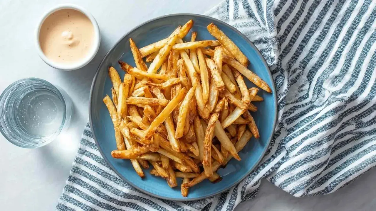 Złociste, chrupiące frytki z airfryer na niebieskim talerzu, obok sosu i szklanki wody. Idealna przekąska!