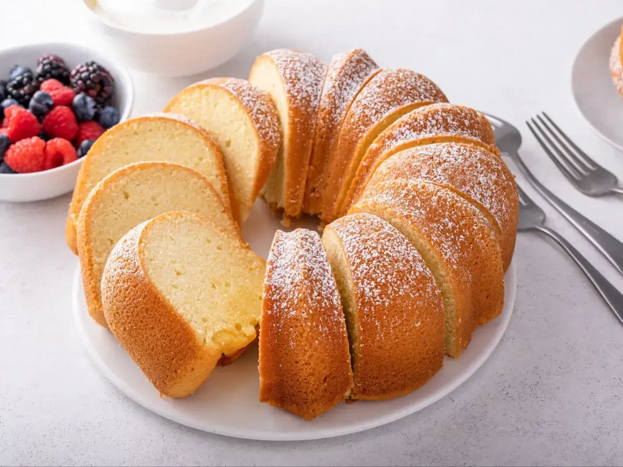 Wilgotna babka piaskowa, pokrojona w plastry, posypana cukrem pudrem, obok miseczka z jagodami i malinami.
