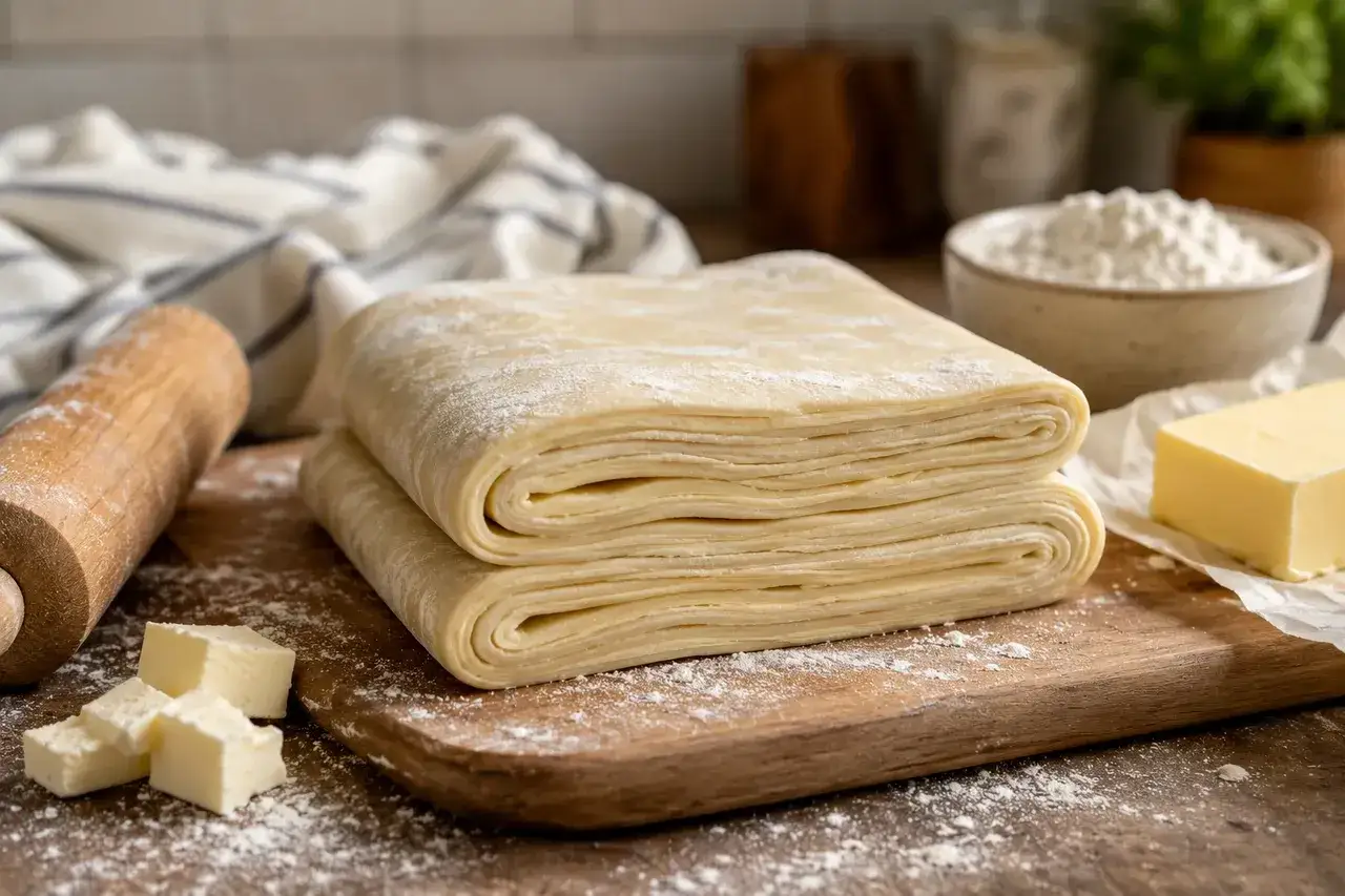 Gotowe do pieczenia ciasto francuskie, składniki do przepisu: wałek, masło, mąka.