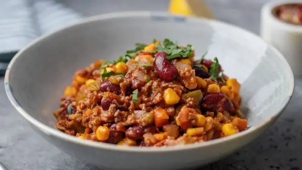 A miseczce znajduje się aromatyczne chili con carne z fasolą, kukurydzą i mielonym mięsem, posypane świeżą natką pietruszki.